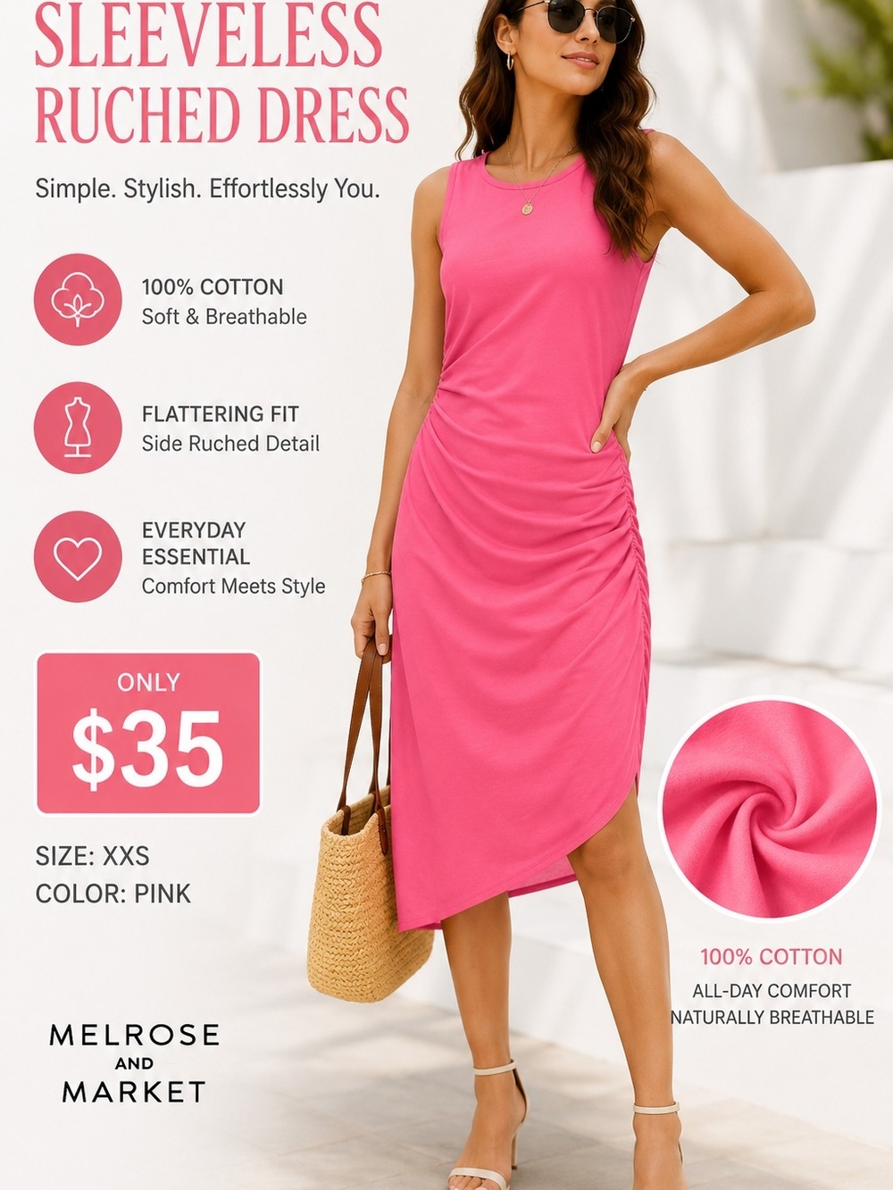 Melrose and Market Pink Asymmetrical Sleeveless Ruched Dress